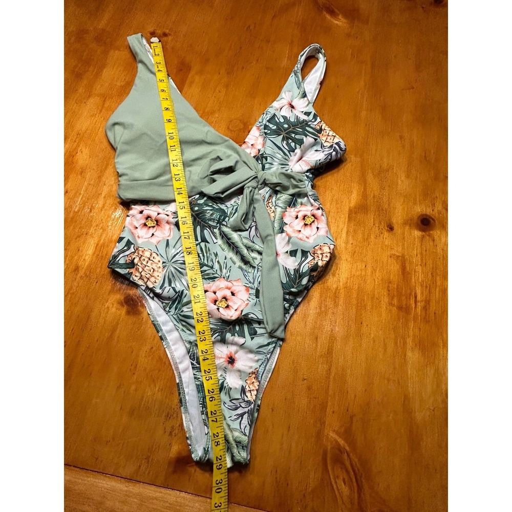 Tropical Floral Pineapple One Piece Swimsuit Sage Green Wrap Tie Large Boho Chic - Picture 4 of 11